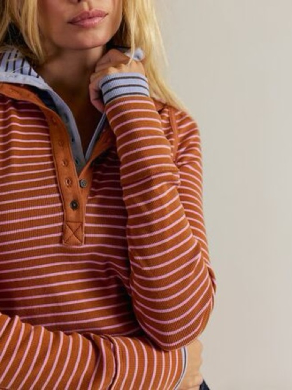 Free People We The Free Lake Henley Striped Ribbed Button Long Sleeve Brown Pink - Picture 3 of 6